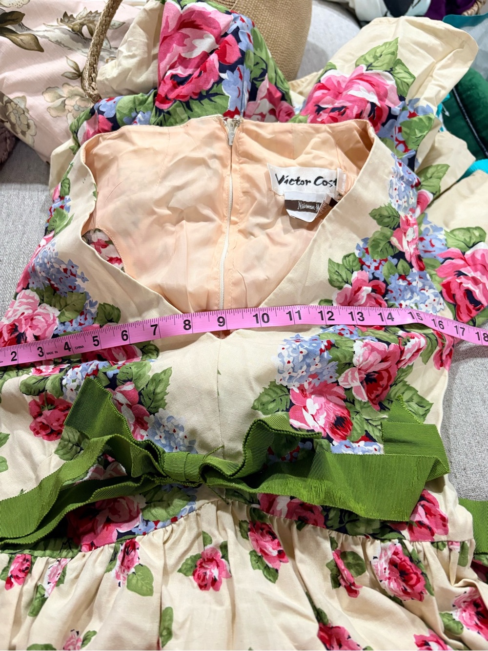 Victor Costa Cream Floral Dress with Pink Roses and Green Ribbon - Picture 3 of 13